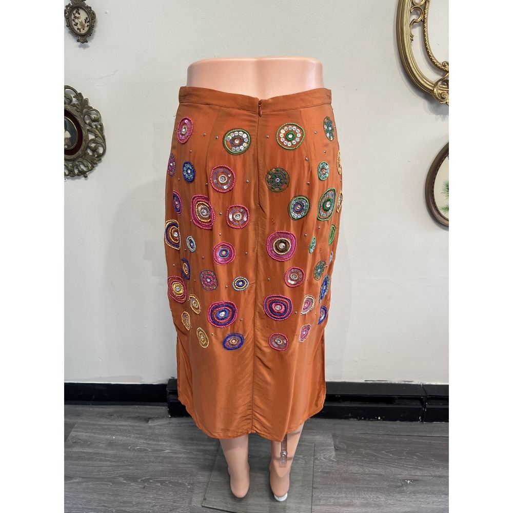 Anthropologie Orange Silk Blend Sequin & Beaded Embroidered Midi Skirt Size 2